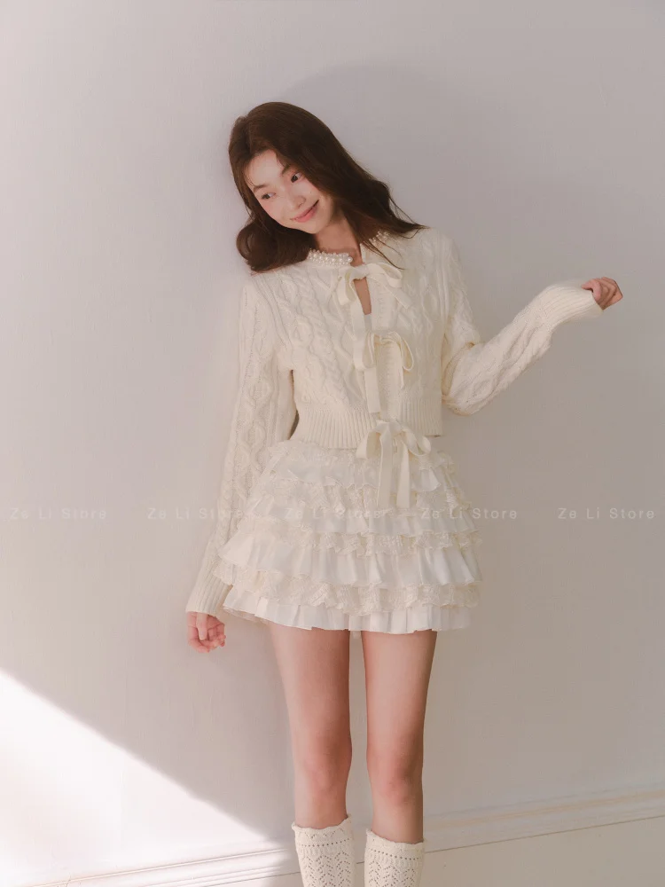 French Vintage Knitted Cardigan Women's Winter Early Spring White Beaded Short Sweater Jacket Hook Needle Bow Knot Design