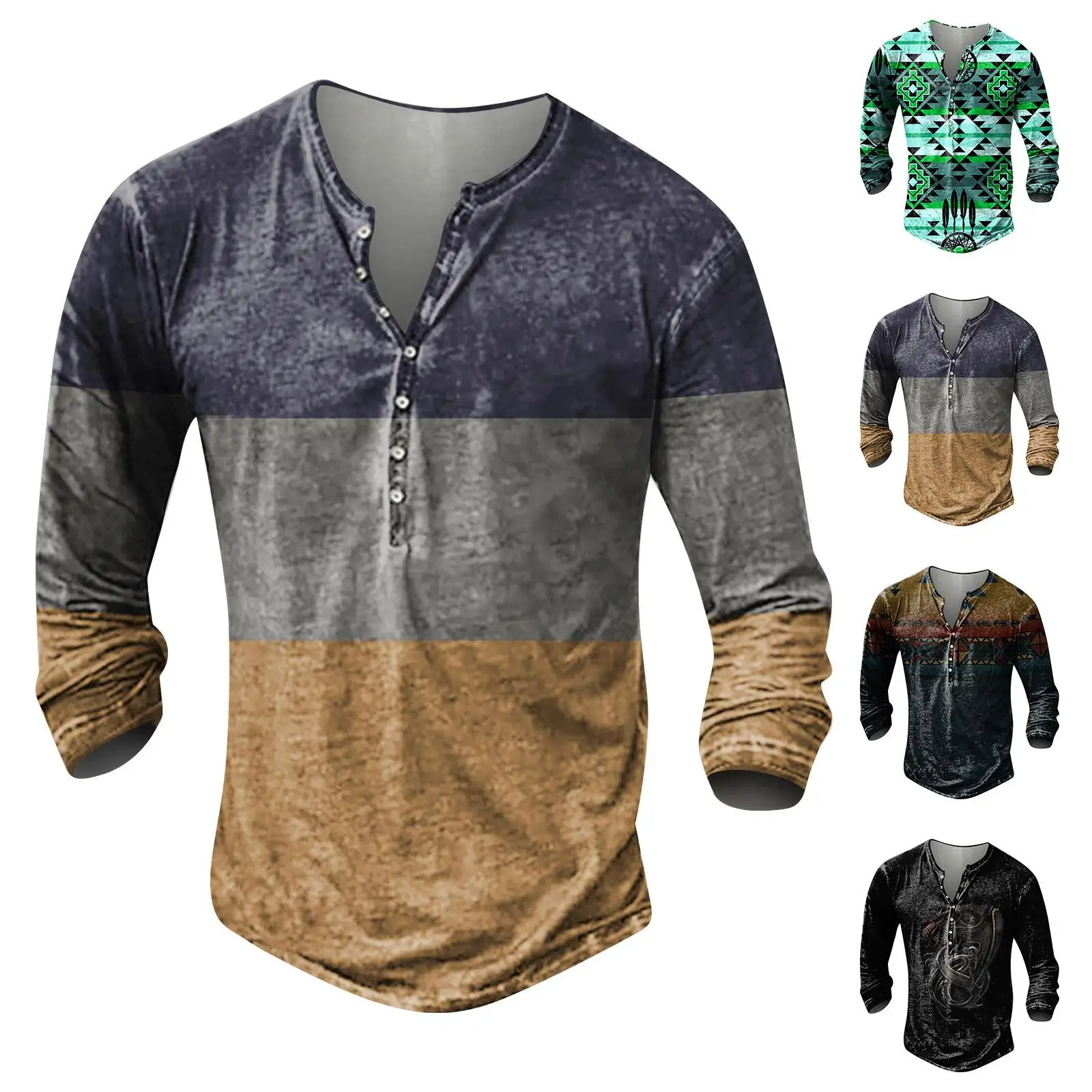 

Men's long sleeved T-shirt, retro Henry shirt, three color gradient 3D printed, comfortable street long sleeved shirt