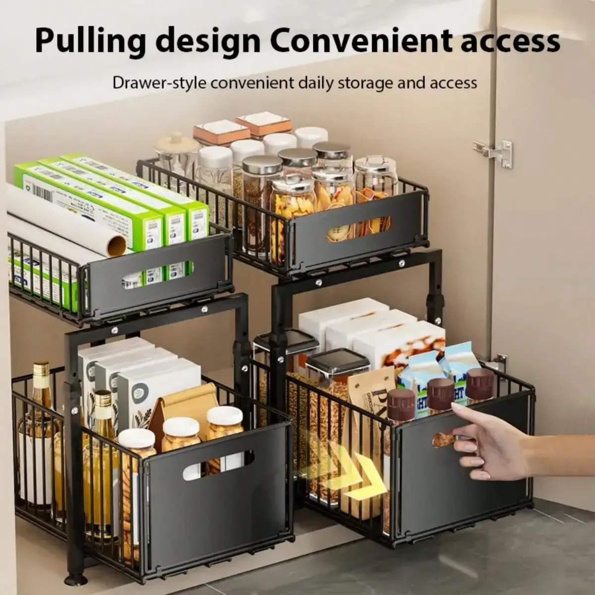 2-Tier Pull Out Cabinet Organizer, Heavy-Duty Carbon Steel Sliding Storage Shelf With Adjustable Shelves, Hooks & Slide Drawers, Space Saving Under Sink Rack For Kitchen & Bathroom, Holds Utensils, Spices And Cleaning Supplies, Easy To Install
