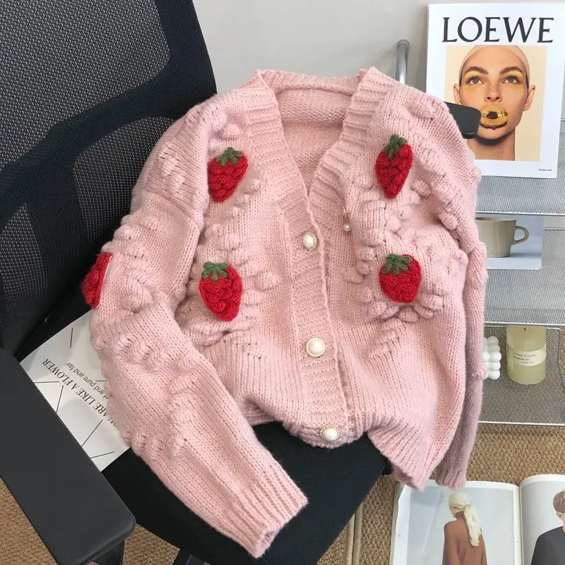 Sweet Strawberry Embroidered Sweater Coat for Women's Thickened 2024 New Soft Knitted Cardigan Single-breasted V-neck Loose Top