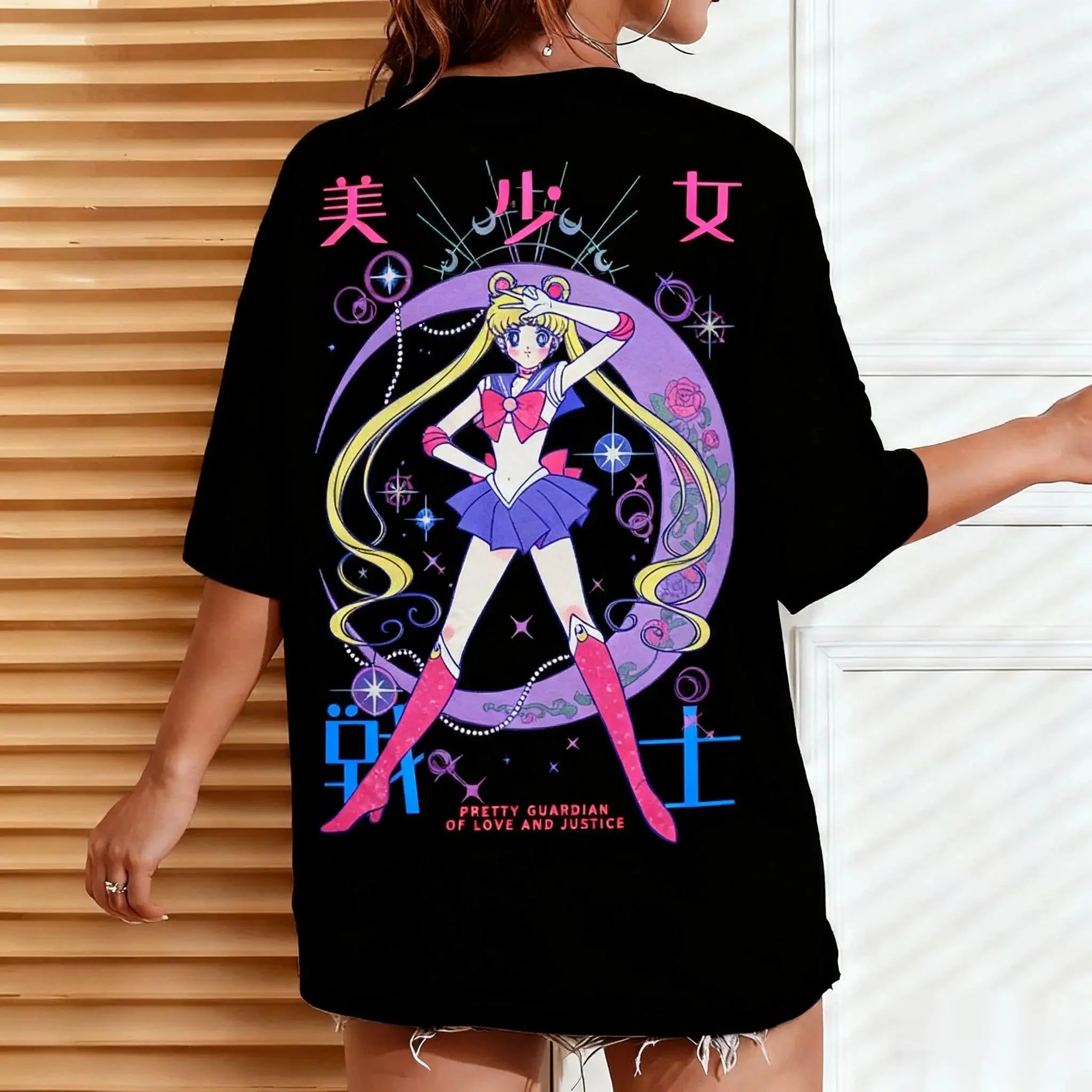 

2026 Summer Pretty Warrior Moon Hare Back Large Print Loose T-shirt, Love and Justice Pretty Warrior Anime Street Style Top