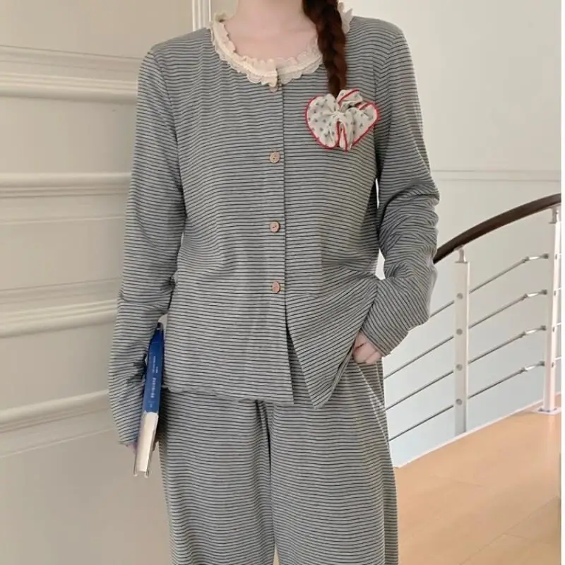 

Комплект пижамы: комфортная домашняя одежда, полосатая пижама с длинным рукавом, хлопковая женская одежда для дома, новая, милая, для весны и осени, верхняя одежда