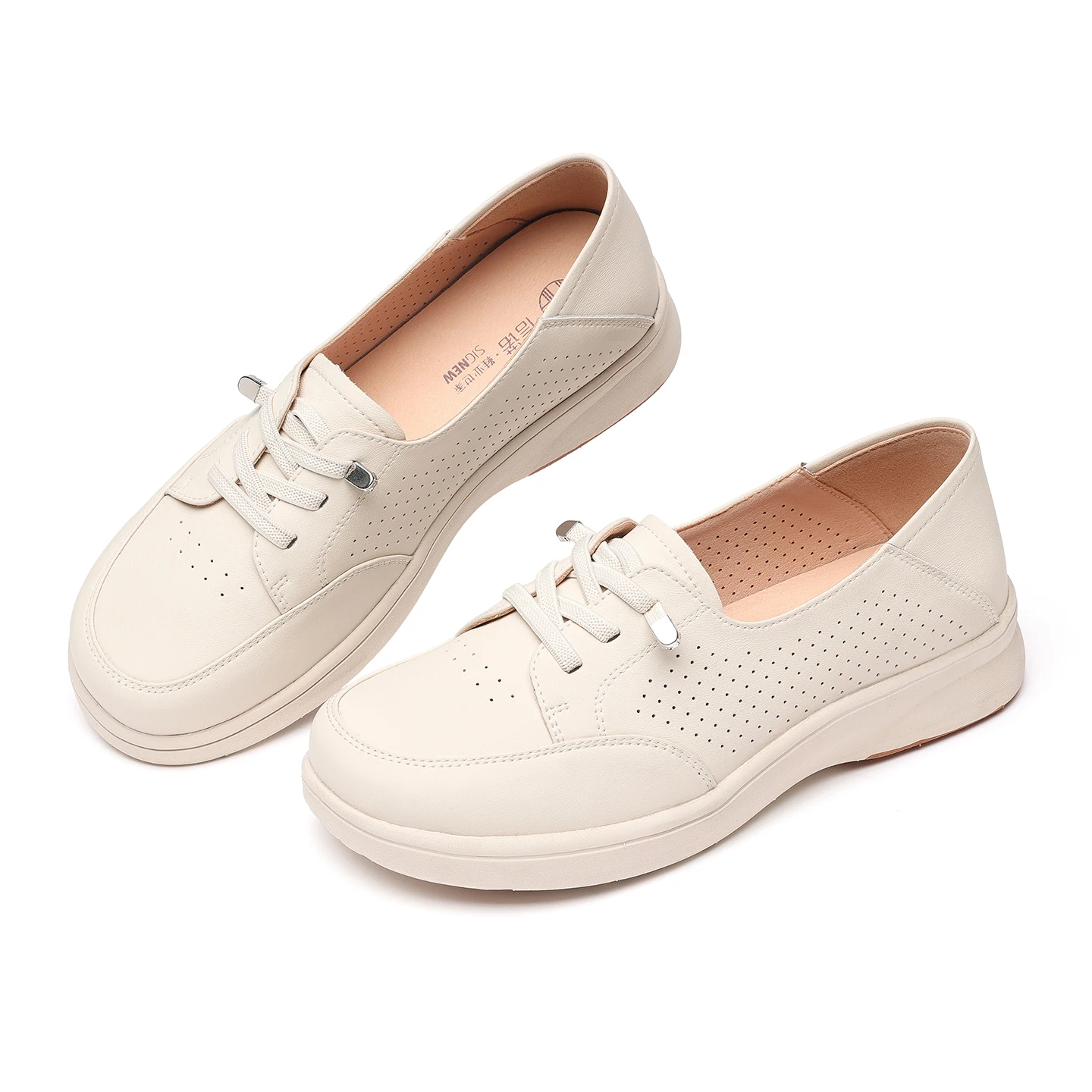 Summer New Style Genuine Leather Hollow Breathable White Shoes for Women, Off-White Slip-On Soft Sole Non-Slip Casual Shoes, Versatile for Commuting and Daily Wear, Comfortable Shoes for Women That Won'T Make Your Feet Tired Even if You Stand for a Long Time