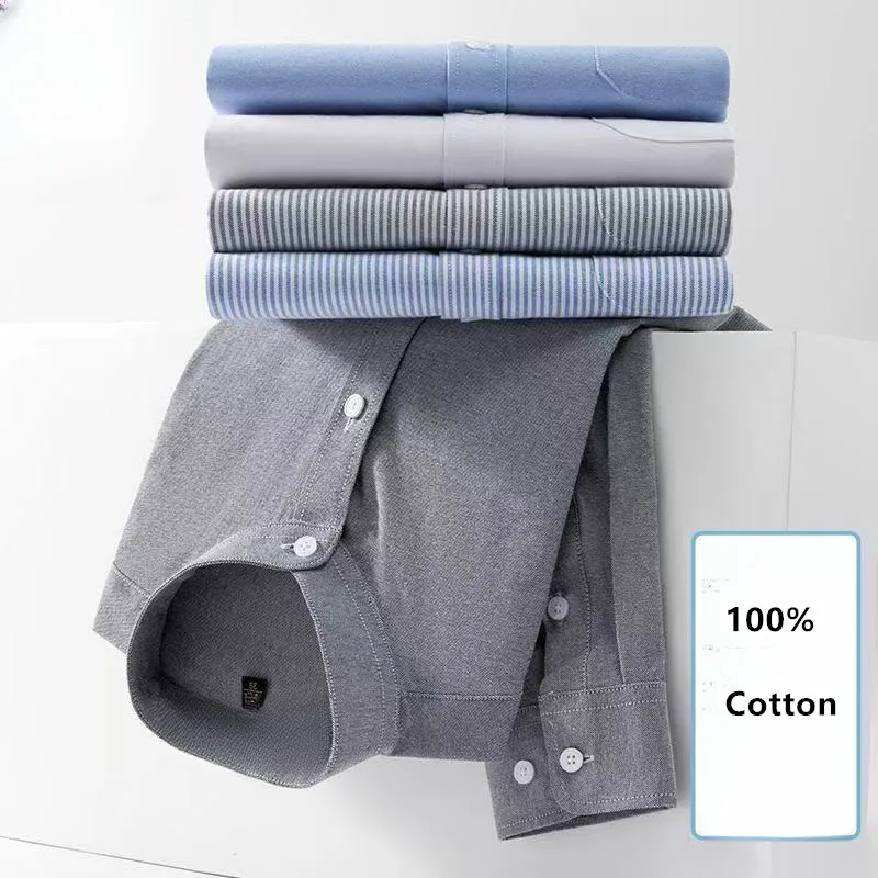 

Autumn 5XL 100% Cotton Mens Oxford Social Shirts Long Sleeve Solid Color Stripe High Quality Stand-up Collor Casual Men Clothing