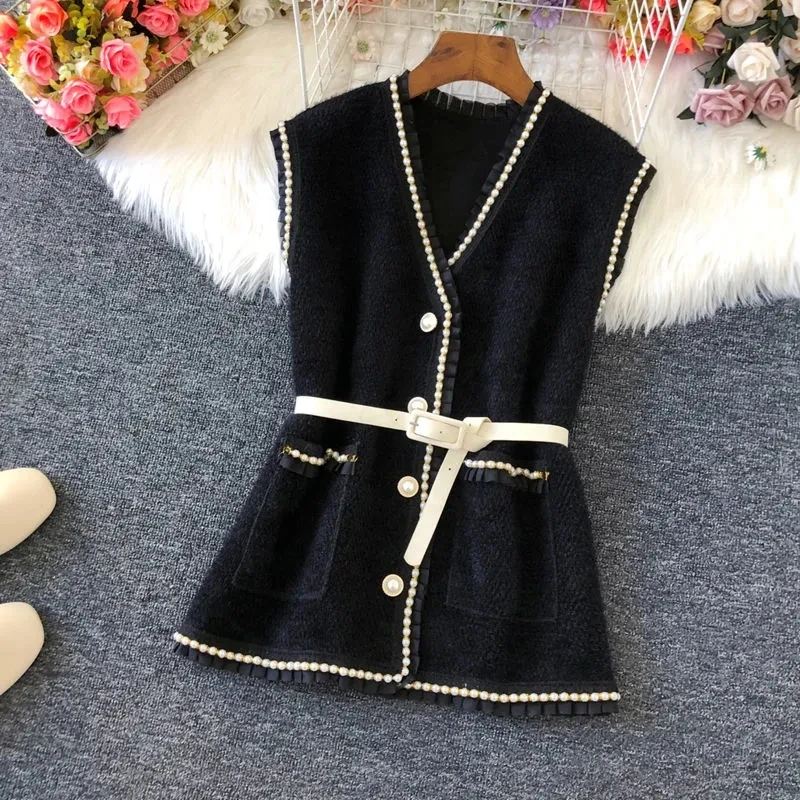 Vintage Woolen Sweater Vest Jacket Women Spring Elegant V-Neck Sleeveless Waistcoats Korean Casual Bead With Belt Chic Outerwear