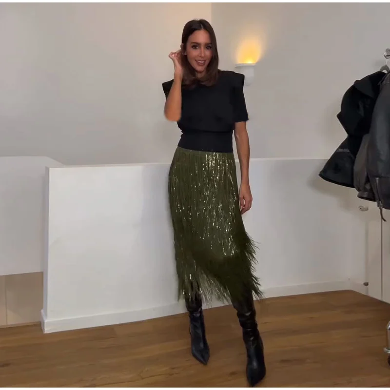 Women's Olive Green Sequin Fringe Midi Skirt Sparkly Tassel Party Skirt for Evening Clubwear 2025 Festival New Sexy Lady Skirts