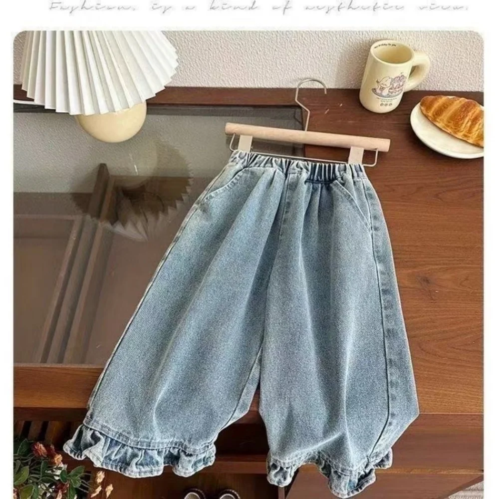 1-6 Years Kids Jeans Girls New Spring Autumn Children Fashion Casual Wide-leg Pants Lace Princess Sweet and Lovely Jeans