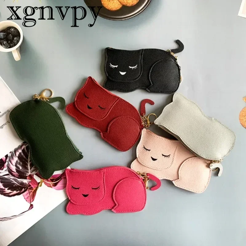 Xgnvpy New Cartoon Cute Cat Coin Wallet Spliced Zipper Bag Keychain Cartoon Small Bag Student Lychee Print Wallet