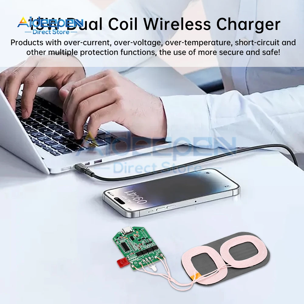 Type-C Double Coil High Power Fast Charging Module DC 5V 9V 12V 5/10/15W Wireless Charger Transmitter Circuit Coil Charger Board