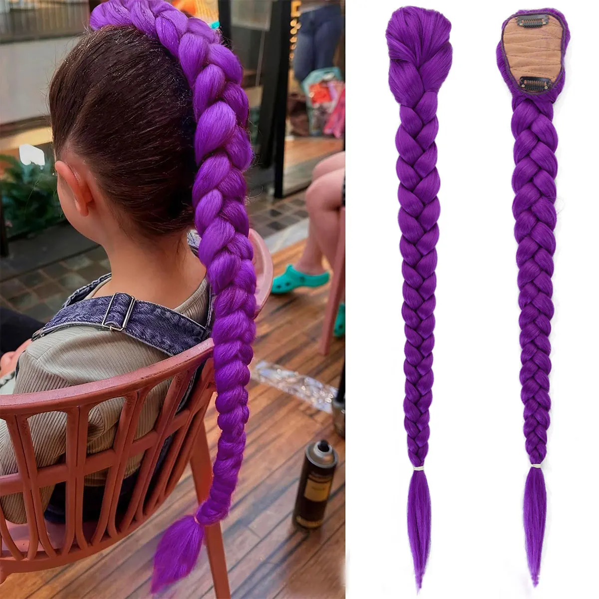 JOVIA 26inch Synthetic Braided Purple Hair Ponytail Rumi Costume Hairstyle Long Ponytail with Clips for Kids Halloween Christmas