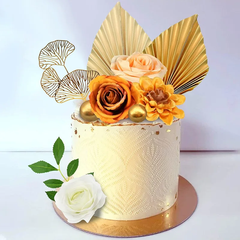 Ginkgo Leaves Birthday Cake Toppers Decoration Gold Acrylic Benediction Birthday Party Cake Topper for Wedding Baking Ornament