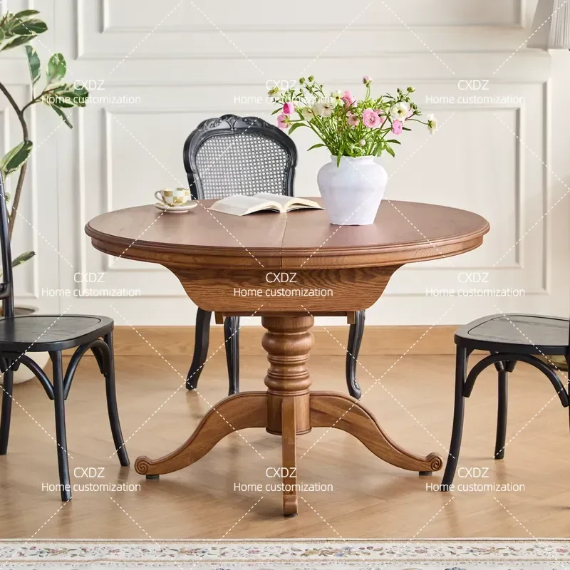 Rural All Solid Wood Retractable Dining Table Household Retro Oak Round Table for Small and Medium Sized Apartment Living