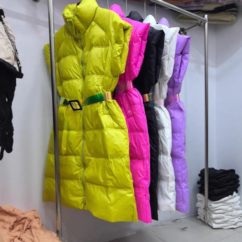 

Winter 2025 Warm 90 White Duck Down Coat Female Sleeveless Patchwork Vests Candy Color Long Belt Loose Puffer Jacket