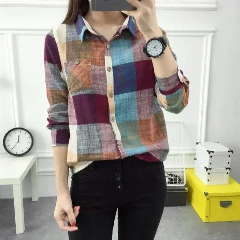 

Весенне-осенние винтажные повседневные рубашки с клетчатым принтом на пуговицах, женские элегантные модные топы с воротником-поло, универсальные пуловеры-блузки для женщин