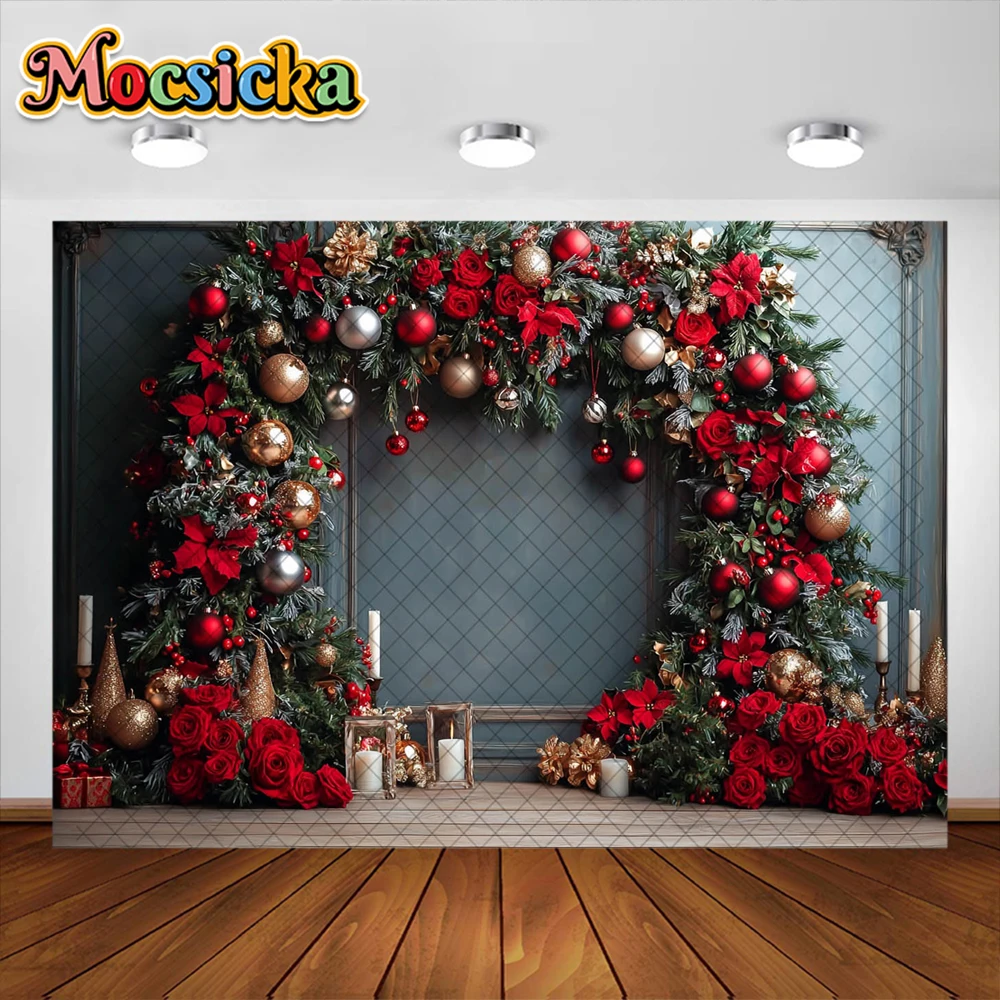 Christmas Photography Background Xmas Trees Arch Wreath Snow Holiday Decoration Adult Children Portrait Photo Studio Props