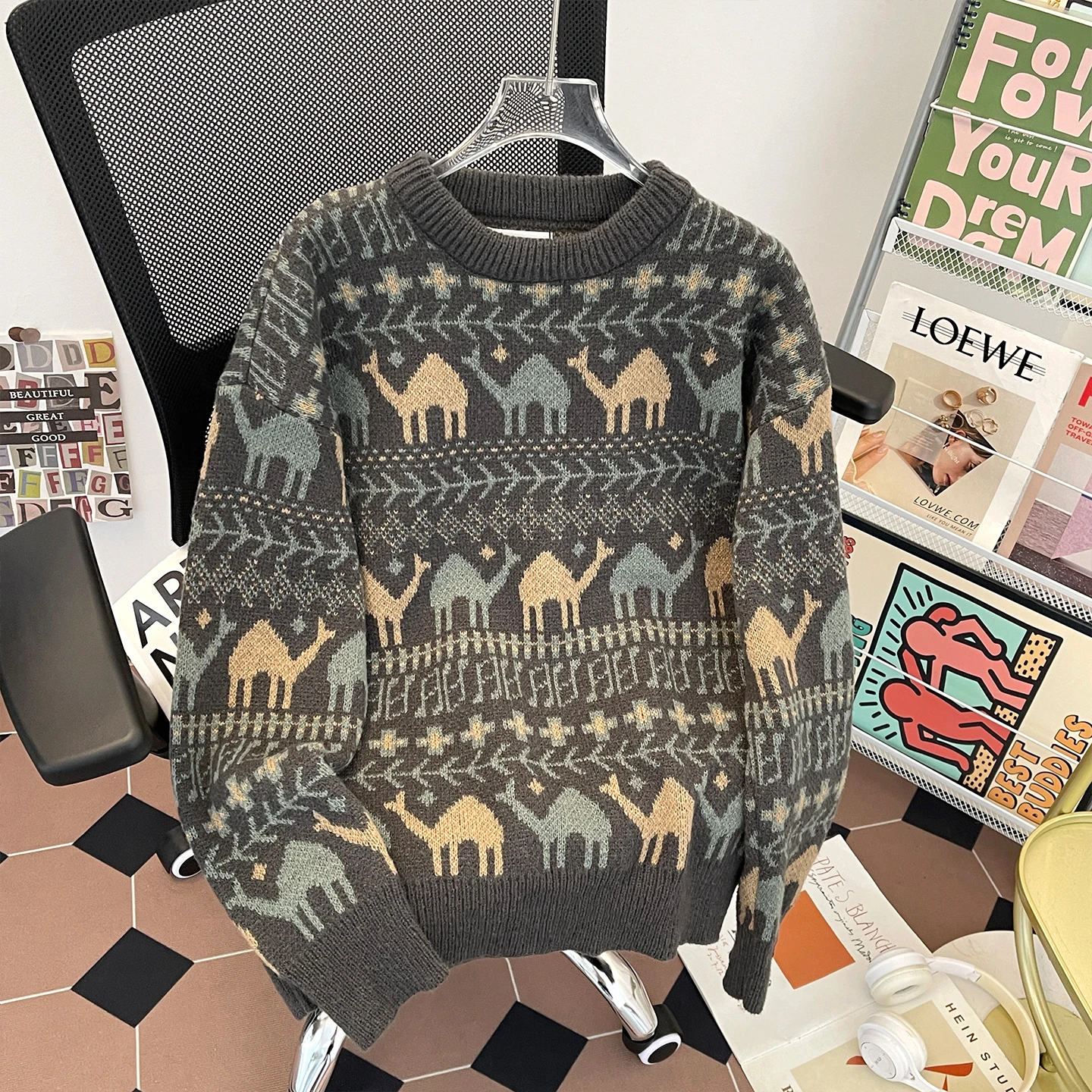 

Thiened Loose Men's Knitted Sweater Floral Embroidery Warm Long Sve round Ne Pullover Spring Autumn Casual Faion