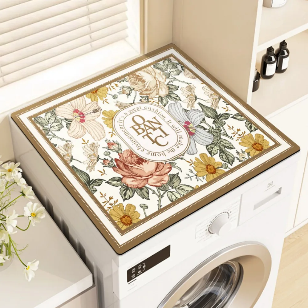 VIKAMA American Floral Pattern Silicone Anti-Algae Washing Machine Cover Mat, Absorbent Non-Slip Refrigerator Top Pad door
