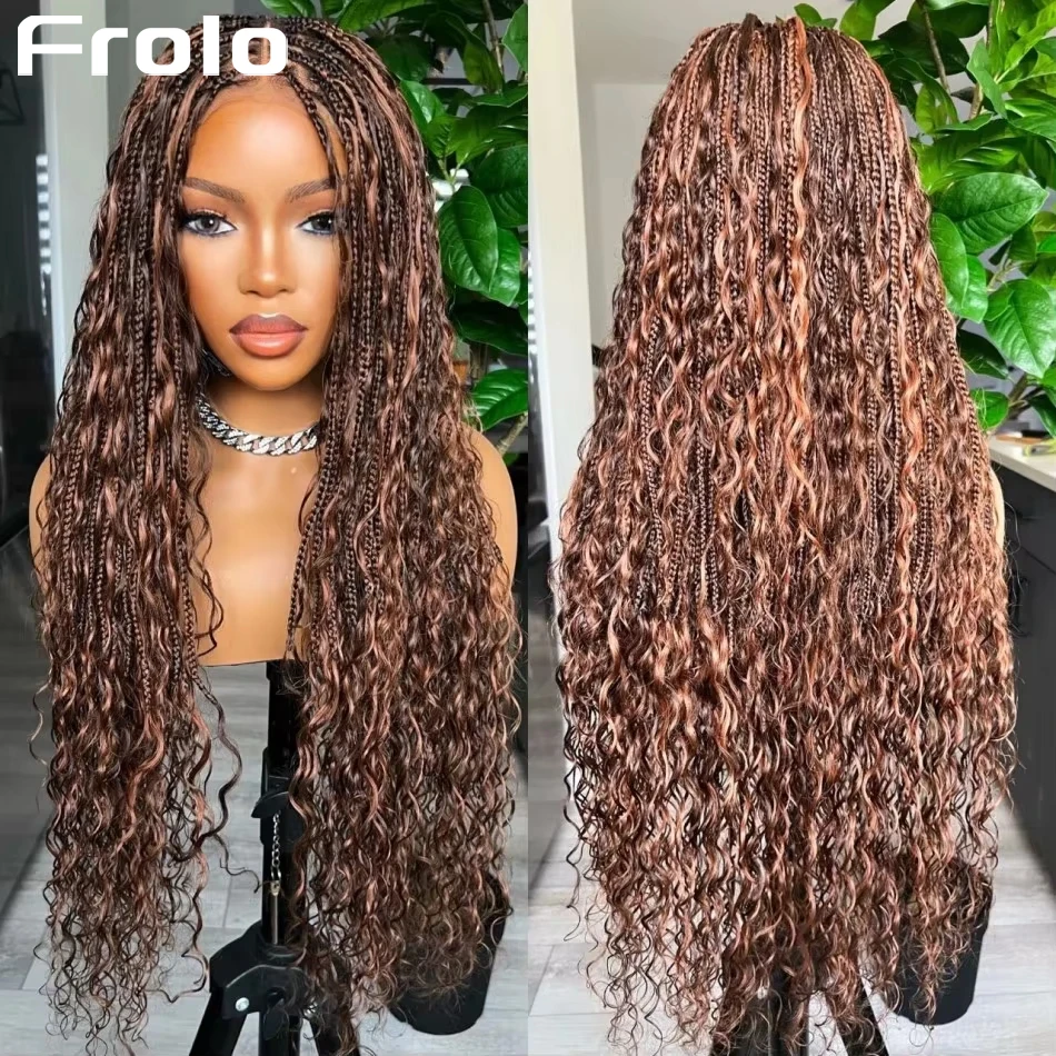 Perruque 360 Full Lace à boucles tressées bohèmes, Ombré marron, avec cordon de serrage invisible, Ondulations profondes, Tresses bohèmes, Synthétique brésilienne, Dentelle HD