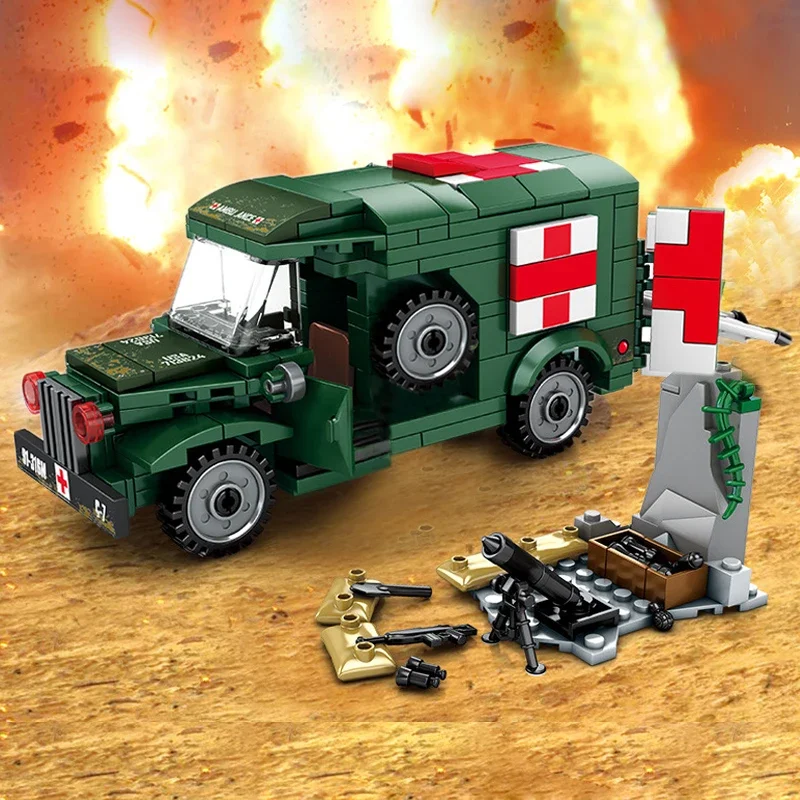 Exército dos eua ww2 T214-WC54 ambulância carro modelo kit blocos de construção conjuntos figuras soldados tijolos clássico crianças brinquedos