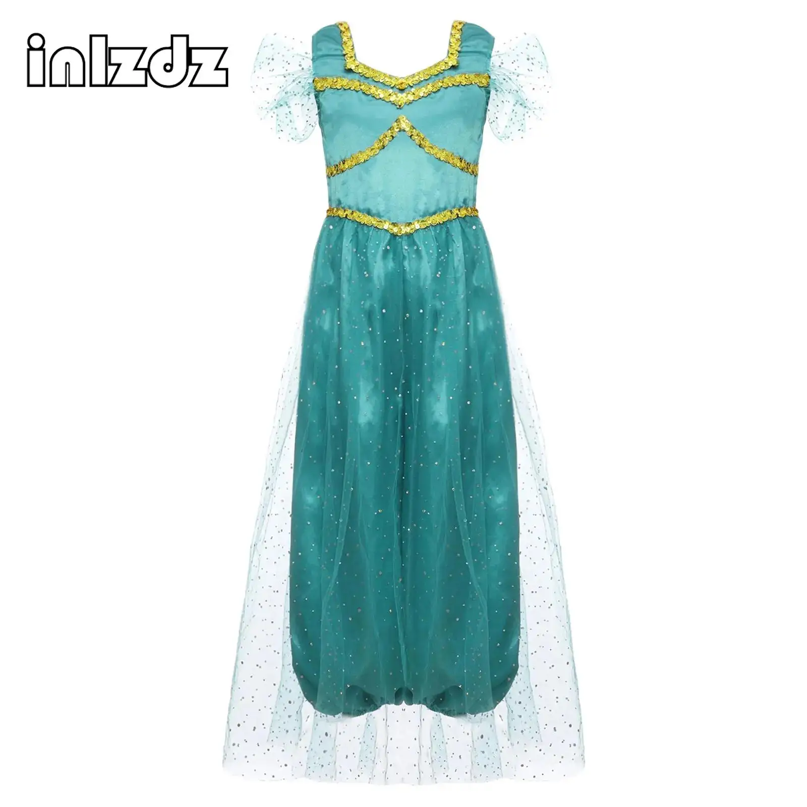 

Girls Halloween Arabian Princess Costume Animated Movie Character Roleplay Costume Shiny Sequins Bodysuit Dress Up Party Clothes