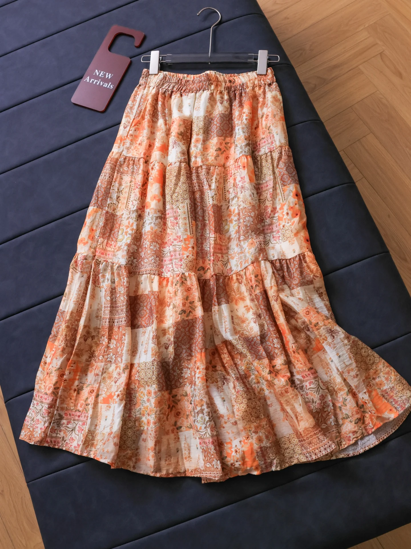 Retro Print Elastic Waist Loose Slim A-Line Skirt Small Size Large Umbrella Skirt Long Women Skirts Half Body Skirt R855