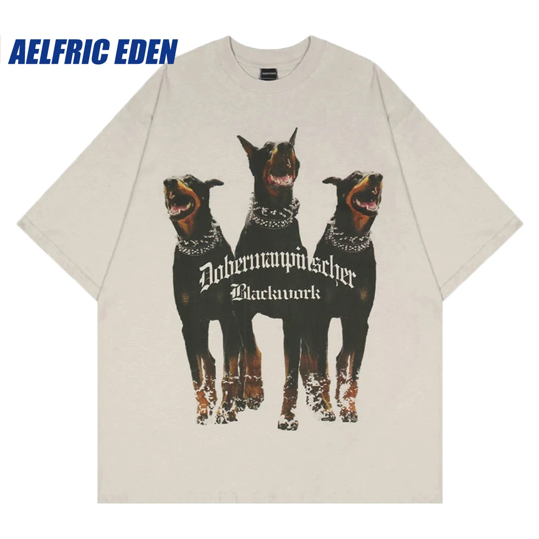 Aelfric Eden Oversized T Shirt Streetwear Hip Hop Rottweiler Doberman Print Tshirts Harajuku Casual Cotton Summer Short Sleeve