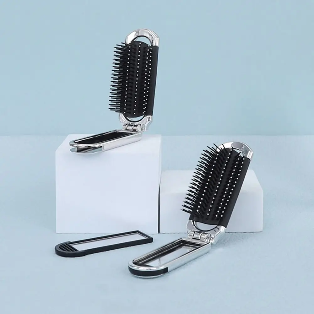 Simple Round Pocket Mirror with Comb Dual Use Silver Folding Air Bag Comb Scalp Massage Mini Makeup Mirror Girl Women