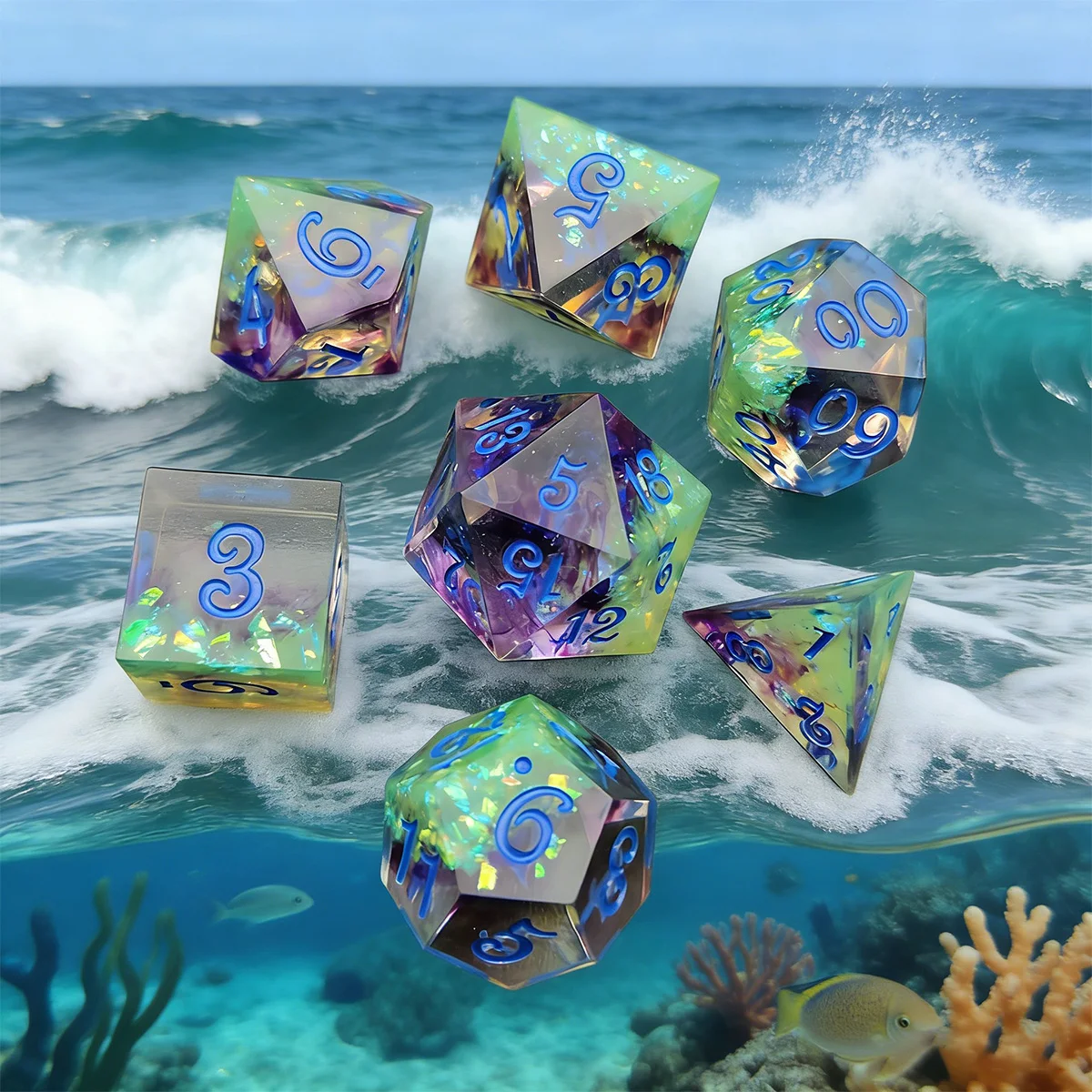 

7Pcs Set of Transparent Resin Polyhedral Dice with Purple Seaweed Inclusions for Board Games, Entertainment, Outdoor Activities, Holidays