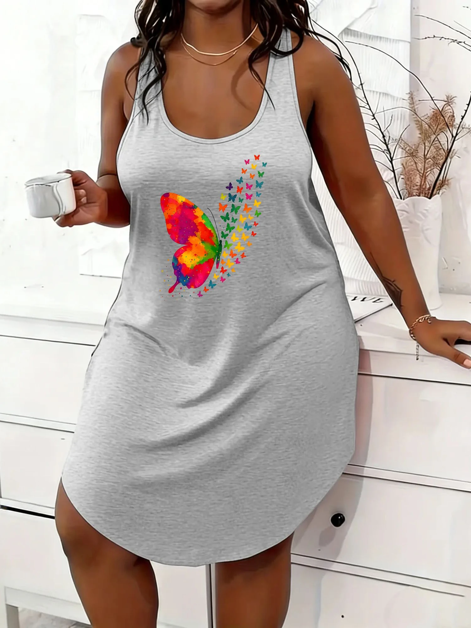Plus Size Womens Elegant Casual Dress - Colorful Butterfly Trail Pattern Print Fashion Sleeveless Crew Neck Dress - Perfect For Summer Vacation & Great Gift
