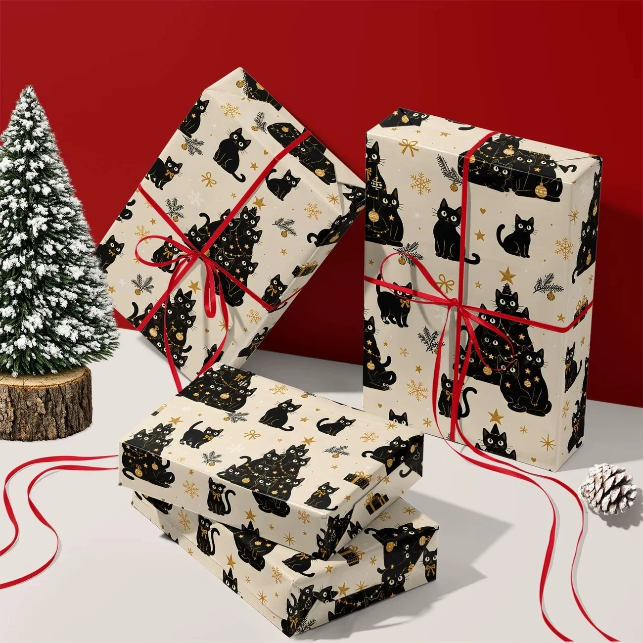 43X300CM Elegant Beige Christmas Gift Wrap, Black Cat Stack Tree Design, Perfect for Christmas Presents & Holiday Party Decor