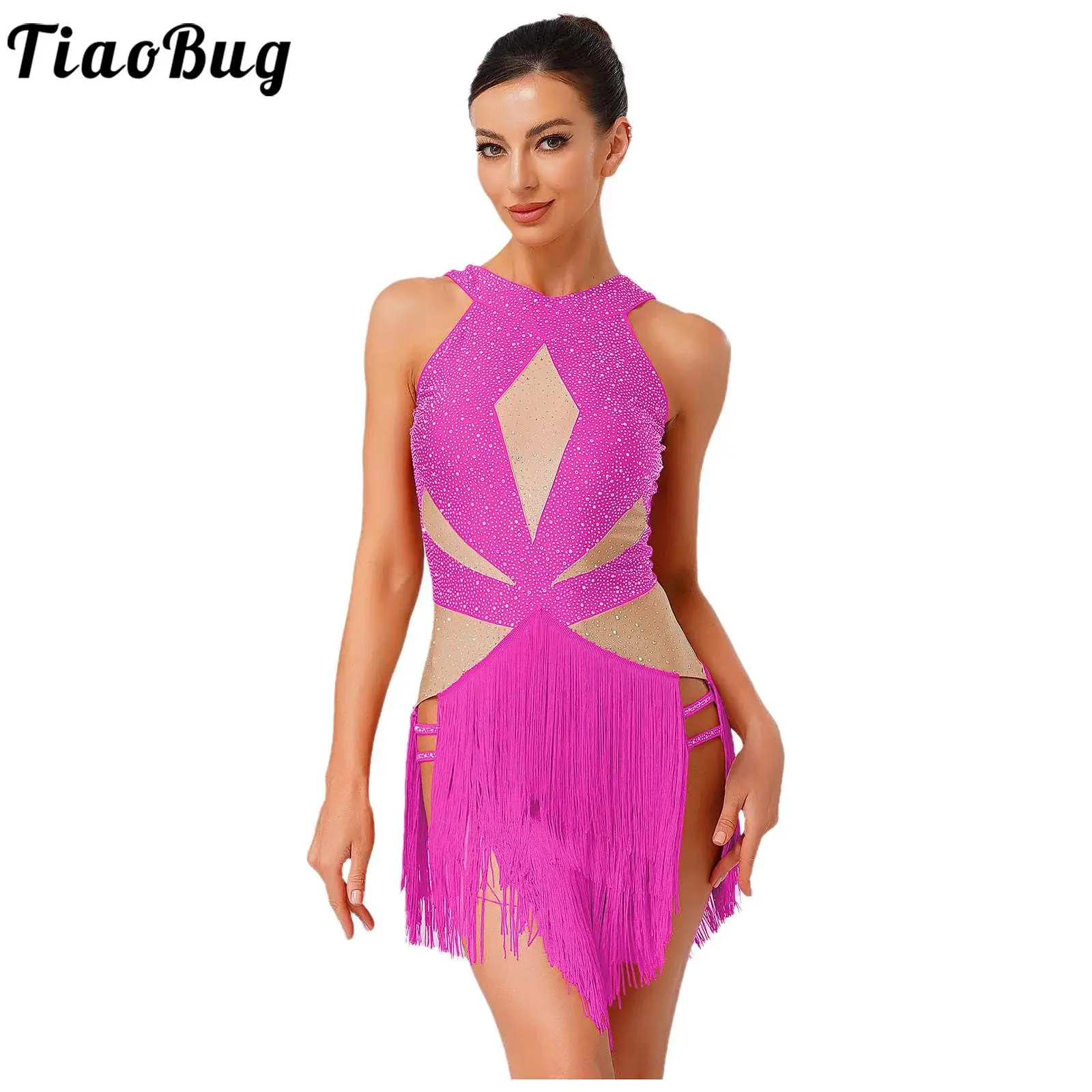 

Women Latin Tango Dance Leotard Rhinestones Backless Tiered Tassel Bodysuit for Chacha Rumba Samba Dance Competition Outfits