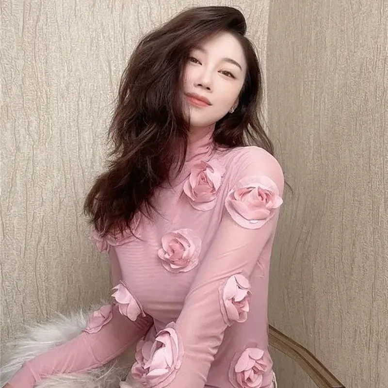 

New Novelty Women Casual Tops Turtleneck Long Sleeve 3D Flower T Shirts Autumn Solid Slim Fit Base Tees Shirts Girls Streetwear