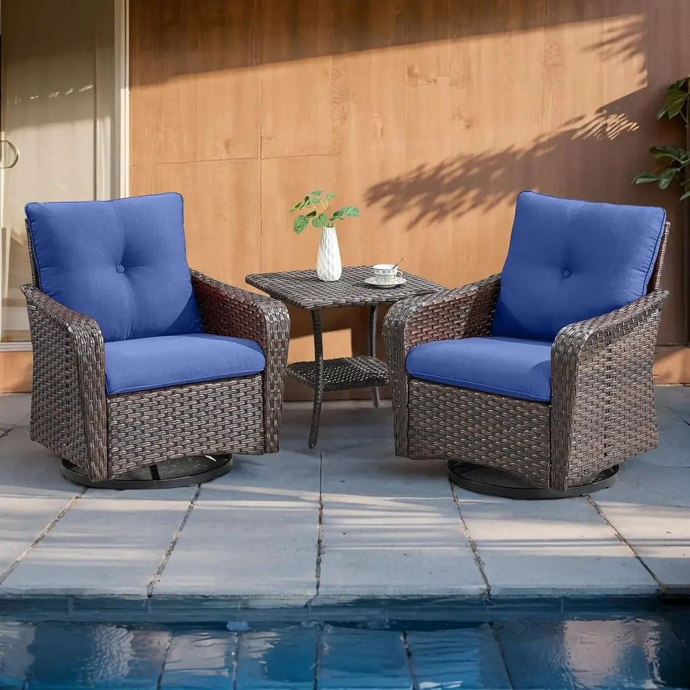 

3-Piece Wicker Patio Swivel Rocker Set with Side Table, Deep Seating for Backyard Garden in Brown/Blue
