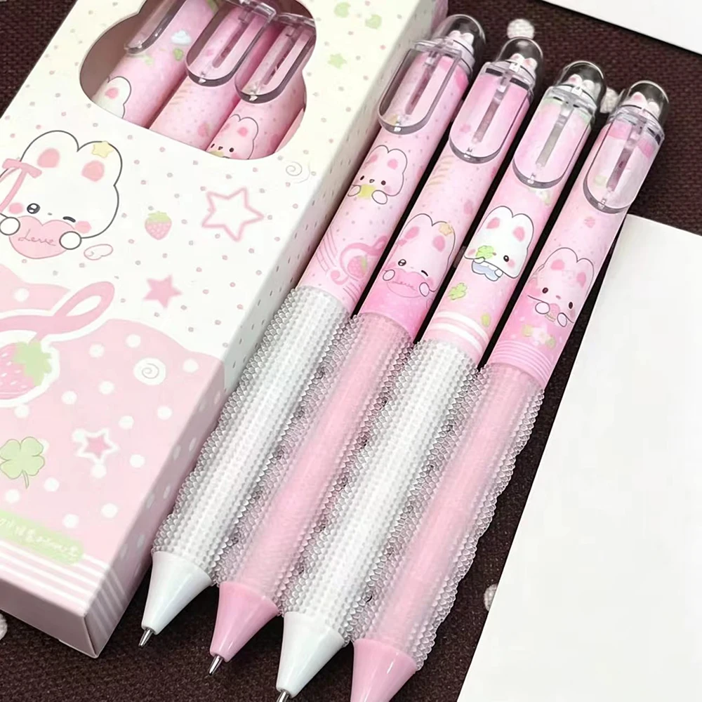 4 pieces Strawberry Rabbit Press Neutral Pen, Cartoon Press Dynamic Pen, Quick Drying Ink, Students Write with Black Pen