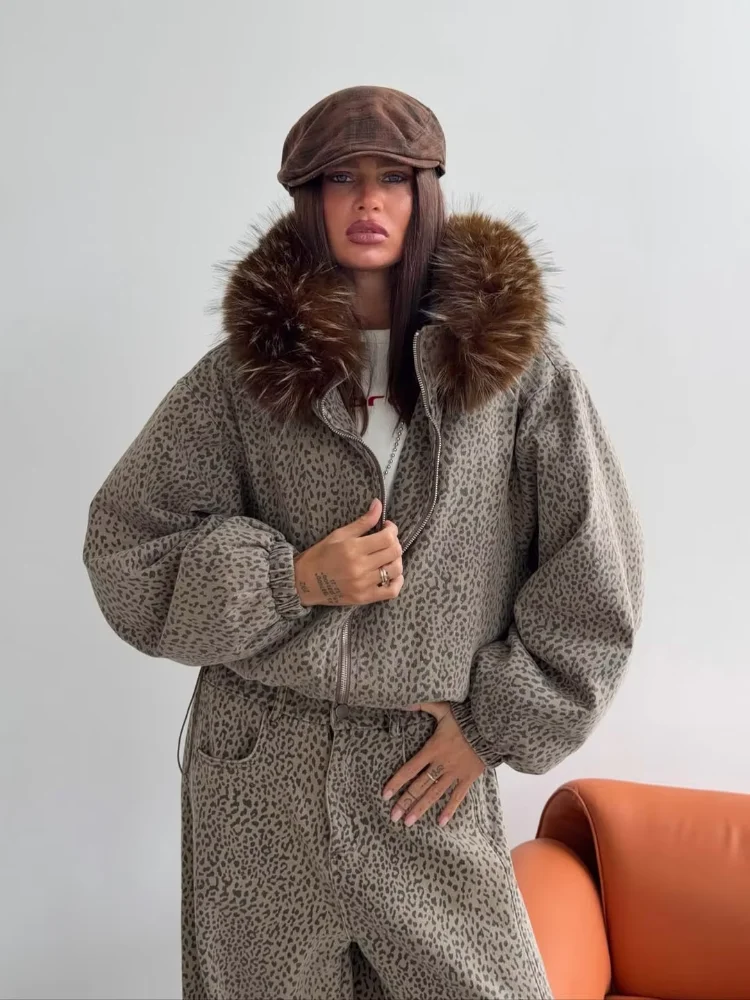 Ladies Leopard Print Hooded Jacket Set Faux Fur Trim Zip Up Pockets Loose Trousers Fall Winter Daily Streetwear Trendy Outerwear