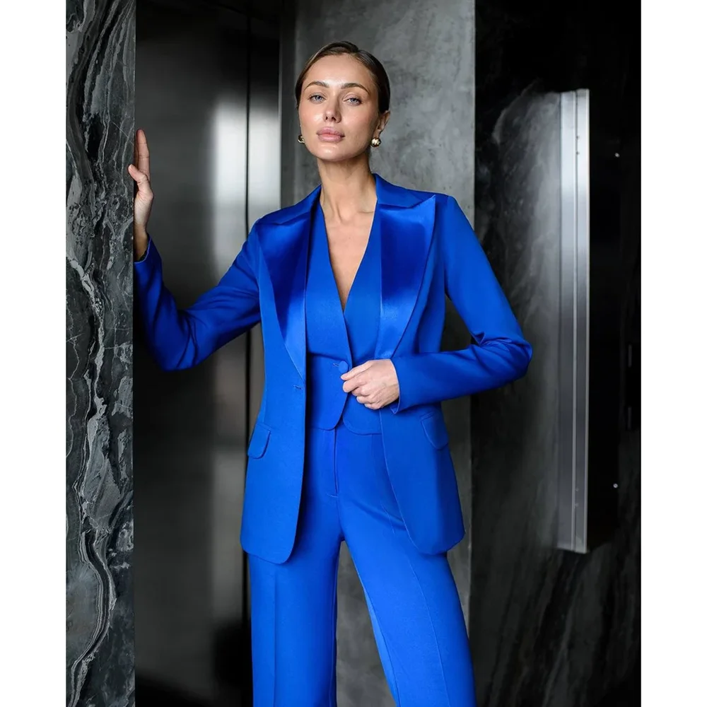 Women's Suit Blue Satin Peak Lapel One Button Clothing Smart Casual Daily Office Lady Pants Sets 3 Piece (Jacket+Vest+Pants)