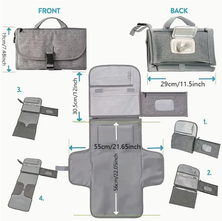 Portable Diaper Changing Pad with Built-in Head Cushion,Youngsters Waterproof Changing Pad Mat with Smart Wipes Pocket