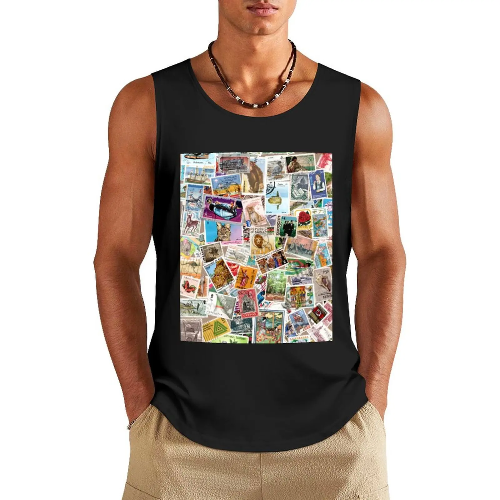 

Vintage postage stamps Tank Top t-shirts man Men's clothes luxury style anime T-shirt sports