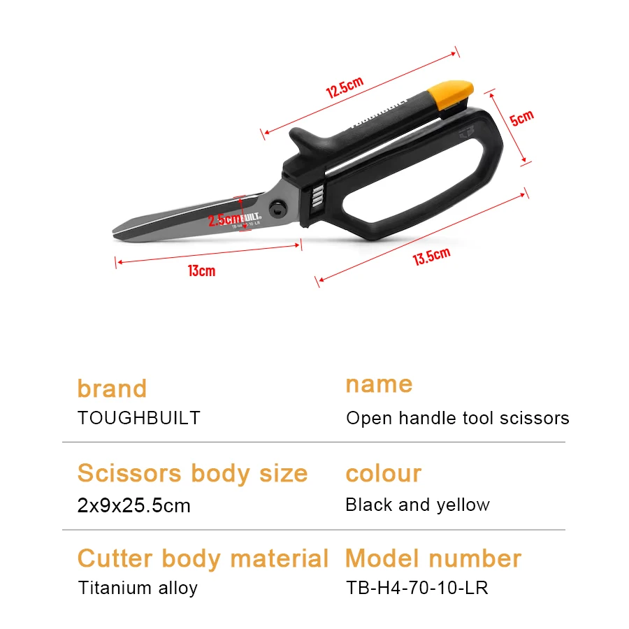 TOUGHBUILT TB-H4-70-10-LR Open Handle Tool Scissors Iron Shears Hand Tools Micro-serrated Spring Assisted cutter