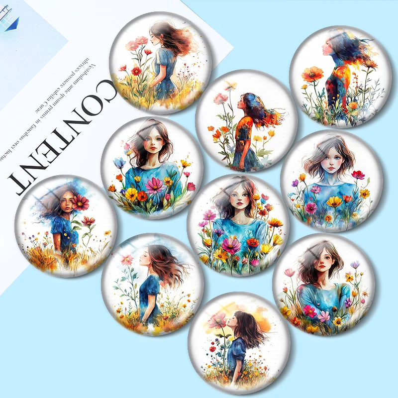 

Girl and Flower Clipart 10pcs 12mm/18mm/20mm/25mm Round Photo glass cabochon demo flat back Making findings