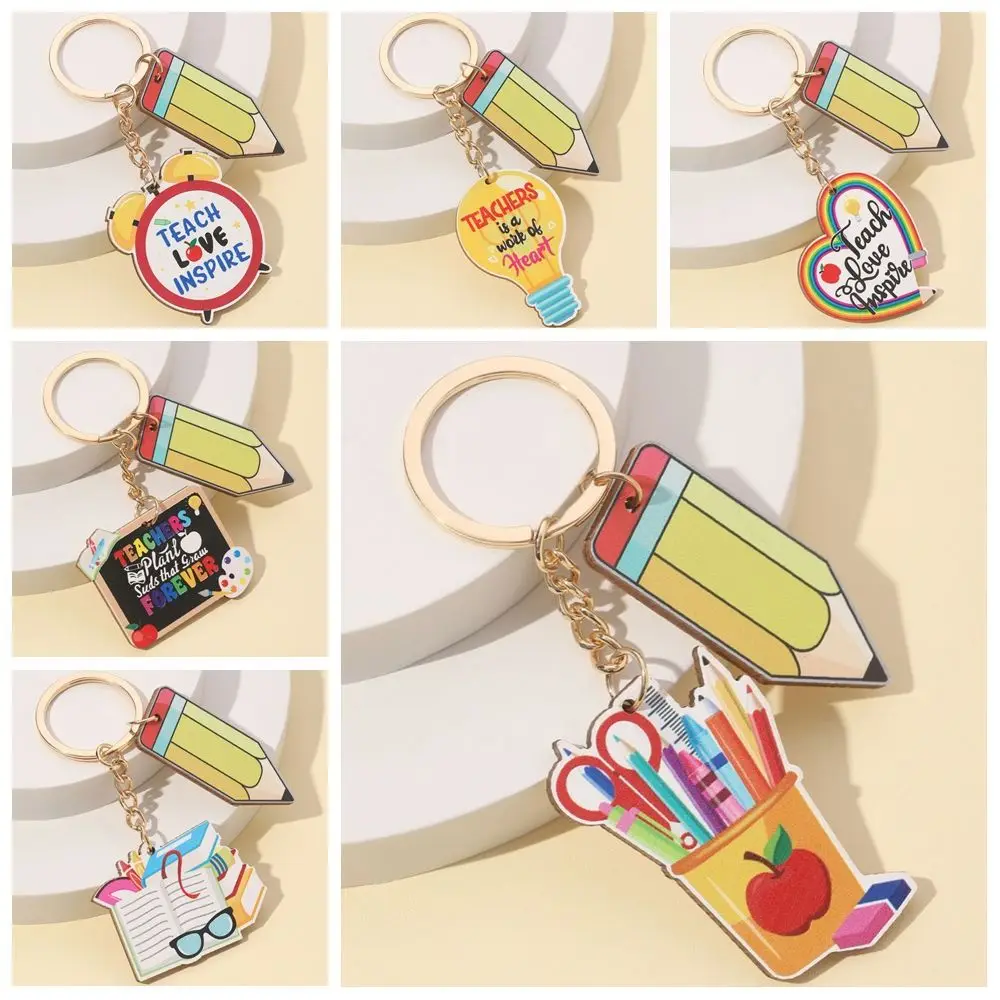 Wooden Teacher's Day Keychain Geometric Shape English Letter Text Keychain Pendant Rainbow Charm Pen Holder Key Ring