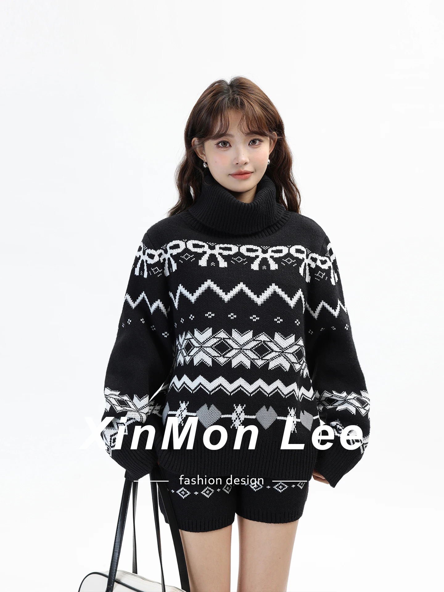 

Vintage High Collar Knitted Sweater Jaet Set Color Blo Lazy Sle Winter Warm ort Pants Women's Faion Ensemble