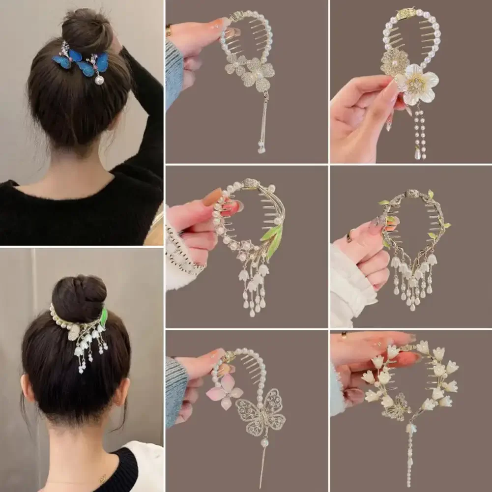 Flower Tassel Hair Clip Women Ladies Butterfly Rhinestone Pearl Metal Hair Claw Round Bun Ponytail Holder Hair Accessories