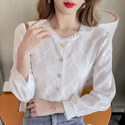 Spring New Fashion Lace Patchwork Hollow Out Blouse Long Sleeve Solid Loose Casual Shirt Tops Korean Elegant Women Clothing