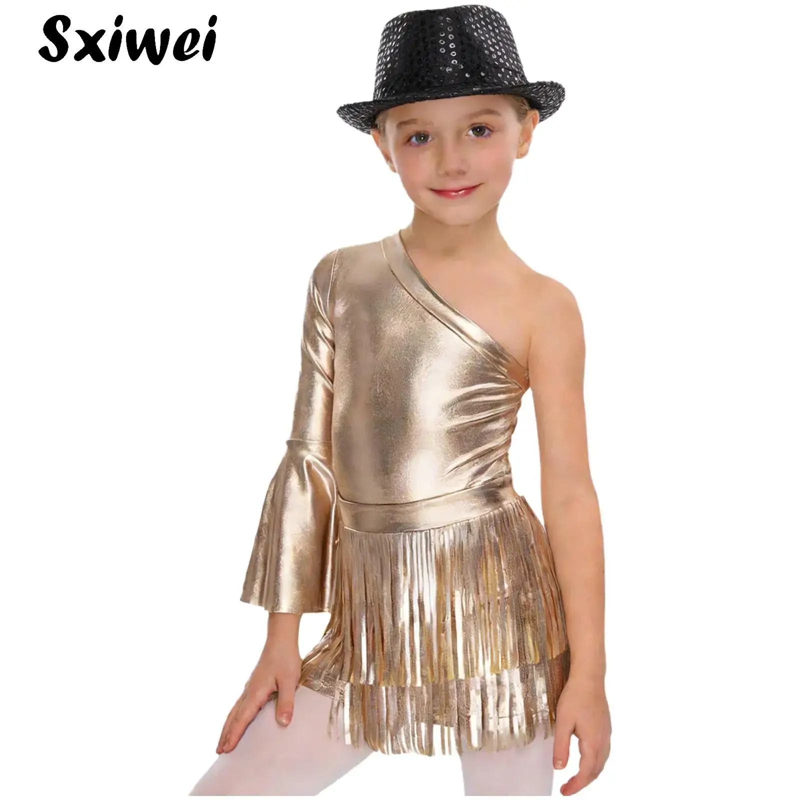 Western Cowgirl Costume Girls 70S Disco Latin Jazz Dance Jumpsuit Metallic Shiny One Flare Sleeve Bodysuit And Fringed Skirt Hat
