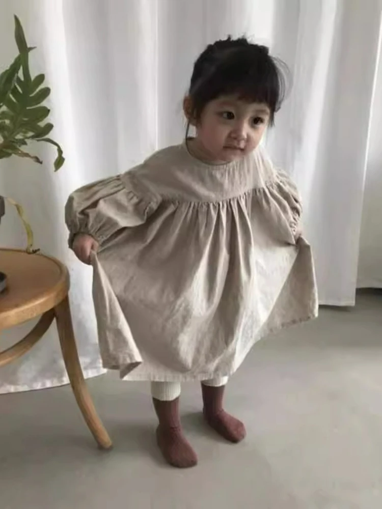 2026 Japanese and Korean Autumn Girls' Dress Children Simple Cotton and Linen Lantern 9-inch Sleeve A-line Dress