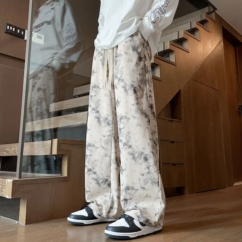 Corduroy Tie-dye Irregular Pants for Men American Loose Casual Sports Wide-leg Trousers