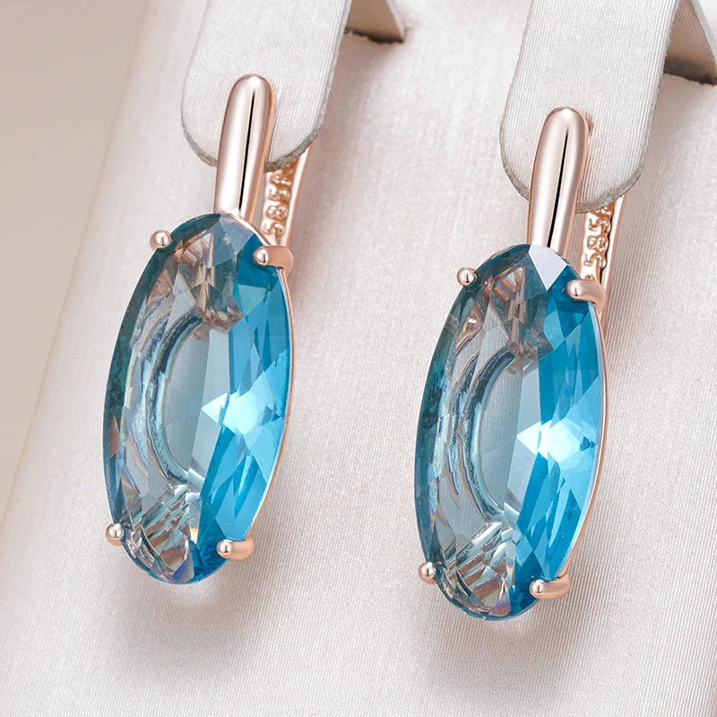 Kinel Hot Shiny Blue Big Oval Dangle Earrings For Women 585 Rose Gold Color With Natural Zircon High Quality Daily Fine Jewelry
