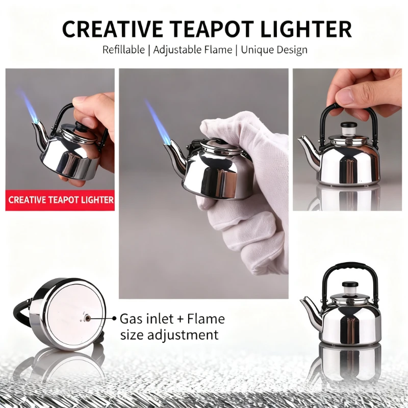 

Teapot Design Lighter - Windproof Straight Blue Flame, Refillable Butane,Portable for Outdoor Camping Kitchen Barbecue Gift