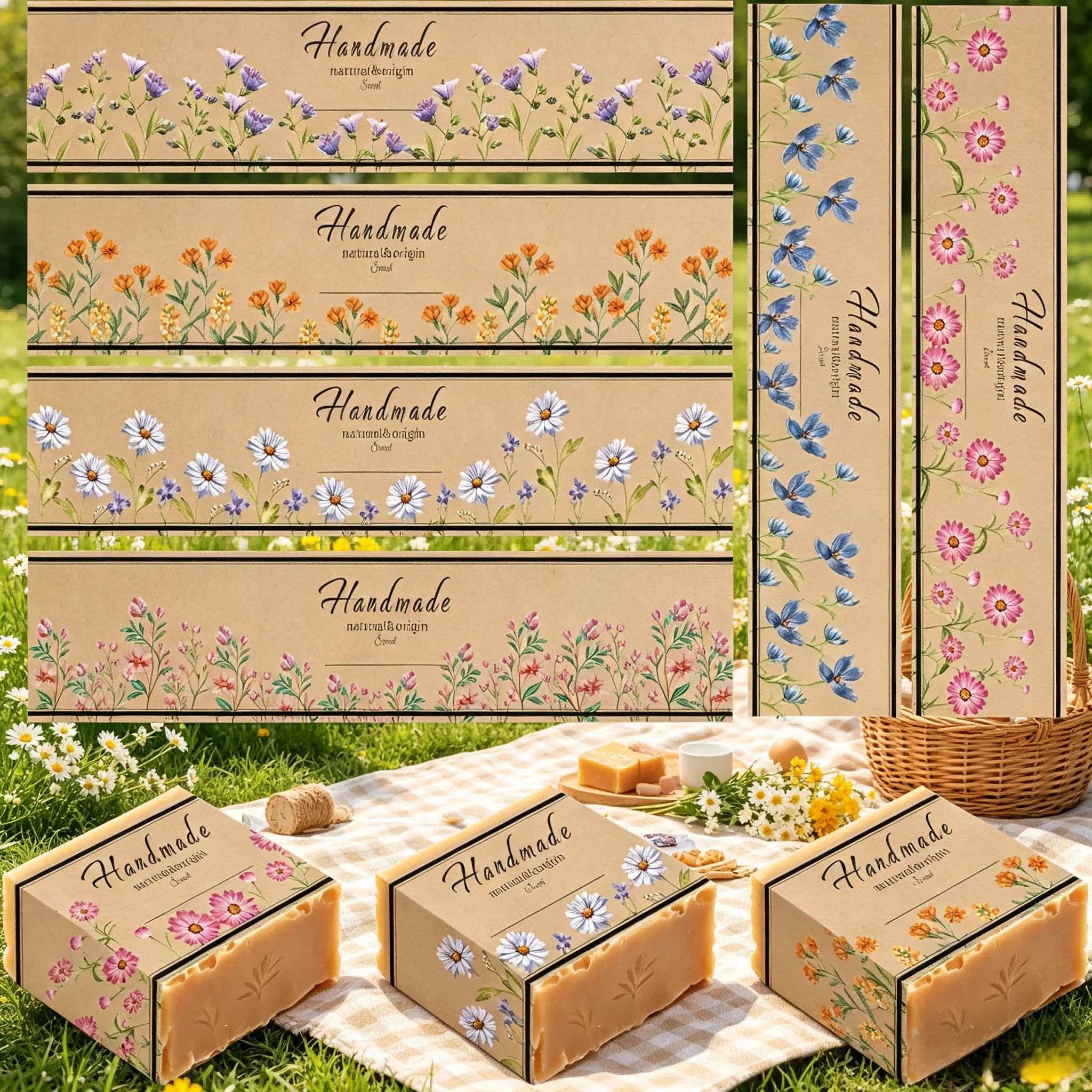 Set of 120 vintage-style soap wrappers and labels, each measuring 8.2 x 1.9 inches. Includes wrapping paper, tape, sleeves